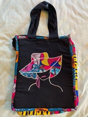 Black Women’s Canvas Tote with Colorful Patchwork Hat Design
